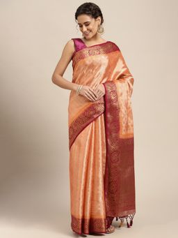 Mimosa - Women's Kanjivaram Art Silk Orange Saree with Unstitched Blouse