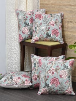 The Home Story - Cushion Covers Set of 5 - 12 x 12 Inches - Pink Maroon Flowers