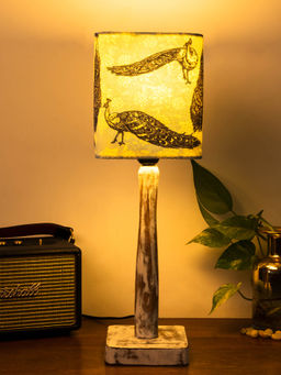 Green Girgit - Curve Distress White Lamp with Wandering Peacock Shade