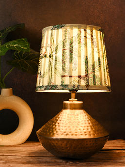 Green Girgit - Golden Hammered Urn Lamp with Pleated Multicolour Green Shade