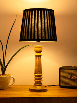 Green Girgit - Wooden Pillar lamp with pleated Black Soft Shade