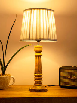 Green Girgit - Wooden Pillar lamp with pleated White Soft Shade