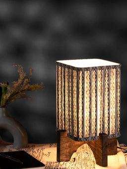 Green Girgit - Wooden Base Lamp with pleated Grey Chain print Soft Shade