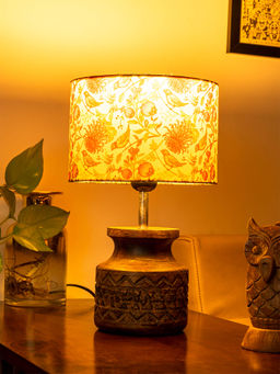 Green Girgit - Wooden Carved Lamp with Birdy Multicolour Shade
