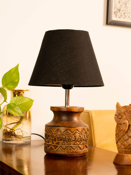 Green Girgit - Wooden Carved Lamp with Taper Cotton Black Shade