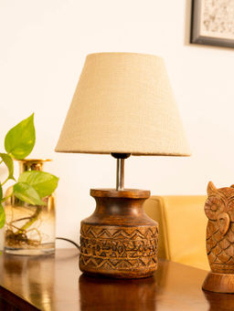 Green Girgit - Wooden Carved Lamp with Taper Jute Beige Shade