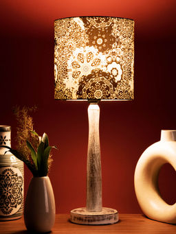 Green Girgit - Distress White Wooden Lamp with Blue Batik Print Shade