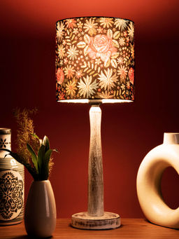 Green Girgit - Distress White Wooden Lamp with Black Floral Stitch Shade