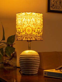 Green Girgit - Stripped Distress White Lamp with Indian Art Multicolour Shade