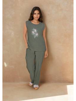 Linera - Olive Green Linen Floral Embroidery Co-Ord Sets