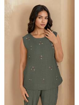Linera - Olive Green Linen Floral Embroidery Co-Ord Sets