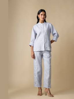 Linera - Blue Linen Embroidered Co-Ord Sets