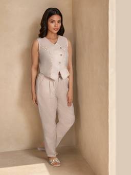 Linera - Beige Linen Embroidered Co-Ord Sets