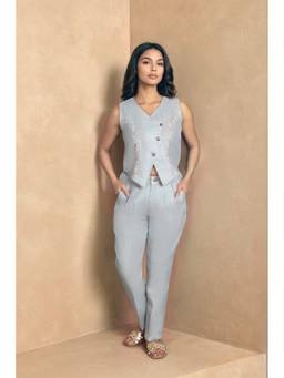 Linera - Light Grey Linen Embellished Co-Ord Sets