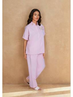 Linera - Pink Linen Floral Embroidered Collar Co-Ord Sets