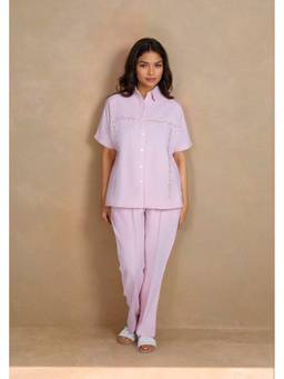 Linera - Pink Linen Panel Embroidery Co-Ord Sets