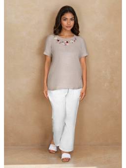 Linera - Beige Linen Neck Embroidery Co-Ord Sets