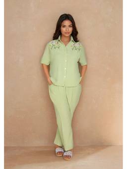 Linera - Green Linen Collar Embroidery Co-Ord Sets