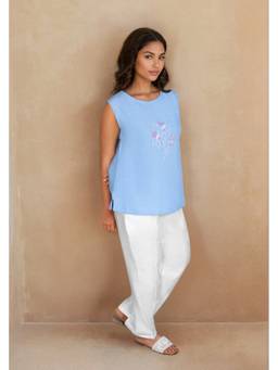 Linera - Sky Blue Linen Embroidered Pant Sets