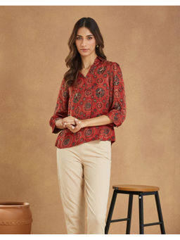 Fabindia - Red Rayon Blend Ajrakh Printed Top