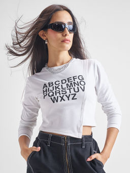 TOKYO TALKIES - White Chest Print Panelled Crop Top