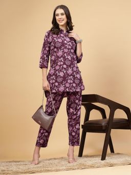 PISTAA - Wine Floral Collar Neck Co-ord Sets