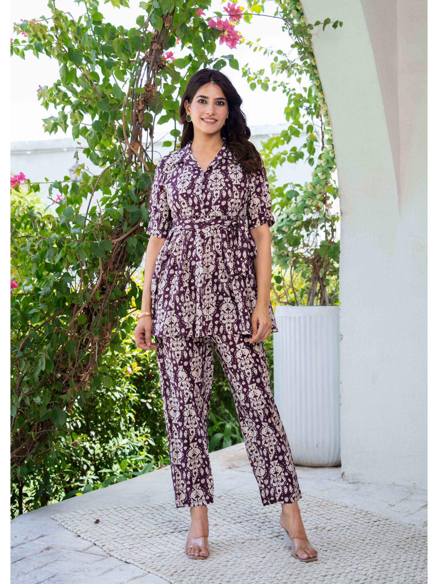 pistaa Wine Floral Collar Neck Kurti Co-ord Sets-picture-1