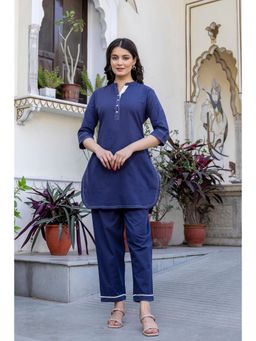 PISTAA - Navy Blue Solid/Plain Mandarin Neck Co-ord Sets