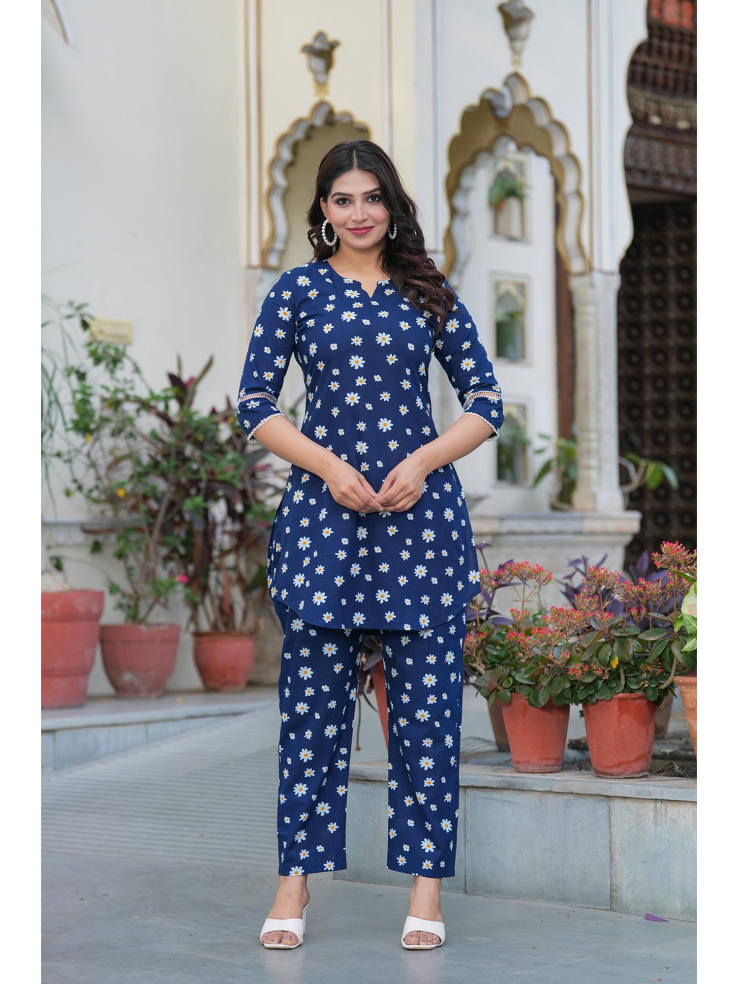 pistaa Navy Blue Floral Round Neck Co-ord Sets-picture-0