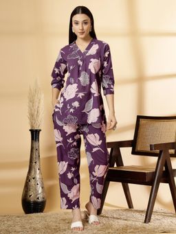 PISTAA - Purple Floral V-Neck Co-ord Sets