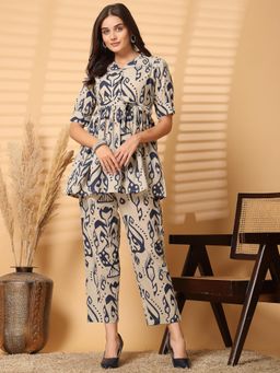 PISTAA - Blue Floral Collar Neck Kurti Co-ord Sets