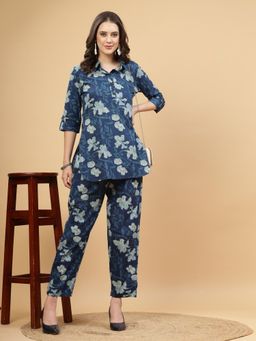 PISTAA - Blue Floral Collar Neck Co-ord Sets