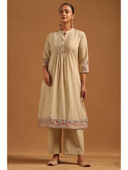 Soch - Beige Embroidered Mandarin Neck Kurta With Palazzo