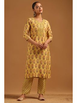 Soch - Yellow Embroidered V-Neck Kurta With Pant