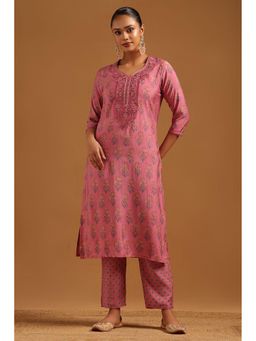 Soch - Pink Embroidered V-Neck Kurta With Pant