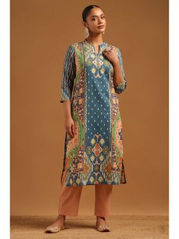 Soch - Blue Printed Mandarin Neck Kurta With Pant