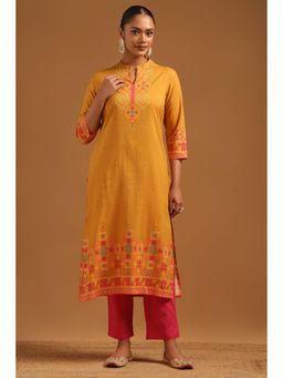 Soch - Mustard Printed Mandarin Neck Kurta With Pant