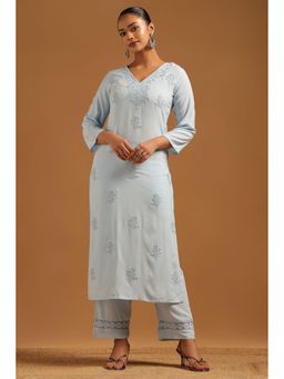 Soch - Blue Embroidered V-Neck Kurta With Pant
