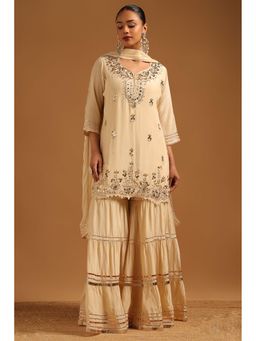 Soch - Cream Embellished/Sequined Sweetheart Kurti With Sharara & Dupatta