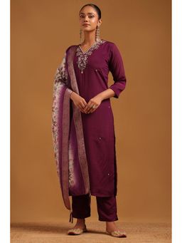 Soch - Purple Embroidered V-Neck Kurta With Pant & Dupatta