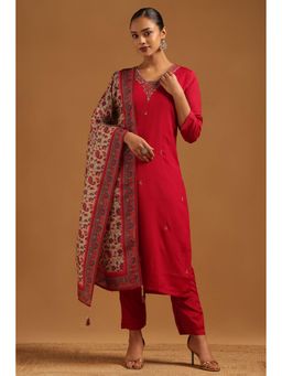 Soch - Pink Embroidered V-Neck Kurta With Pant & Dupatta
