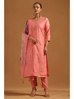 Soch - Pink Embroidered V-Neck Kurta With Pant & Dupatta