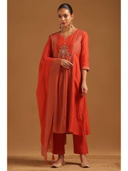 Soch - Rust Embellished/Sequined Round Neck Kurta With Pant & Dupatta