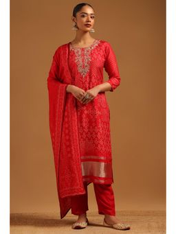 Soch - Red Printed Round Neck Kurta With Pant & Dupatta