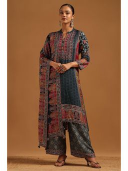 Soch - Blue Printed Mandarin Neck Kurta With Palazzo & Dupatta