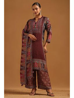 Soch - Wine Printed Mandarin Neck Kurta With Palazzo & Dupatta