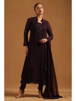 Soch - Wine Solid/Plain Mandarin Neck Kurta Jacket With Churidar And Dupatta