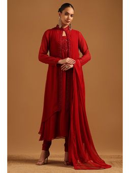 Soch - Red Embellished/Sequined Mandarin Neck Kurta Jacket With Churidar And Dupatta