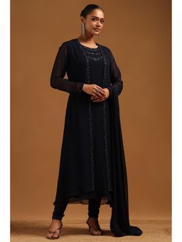 Soch - Navy Blue Embellished/Sequined Round Neck Kurta Jacket With Churidar And Dupatta