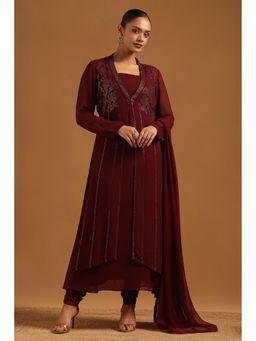 Soch - Maroon Embellished/Sequined Square Neck Kurta Jacket With Churidar And Dupatta